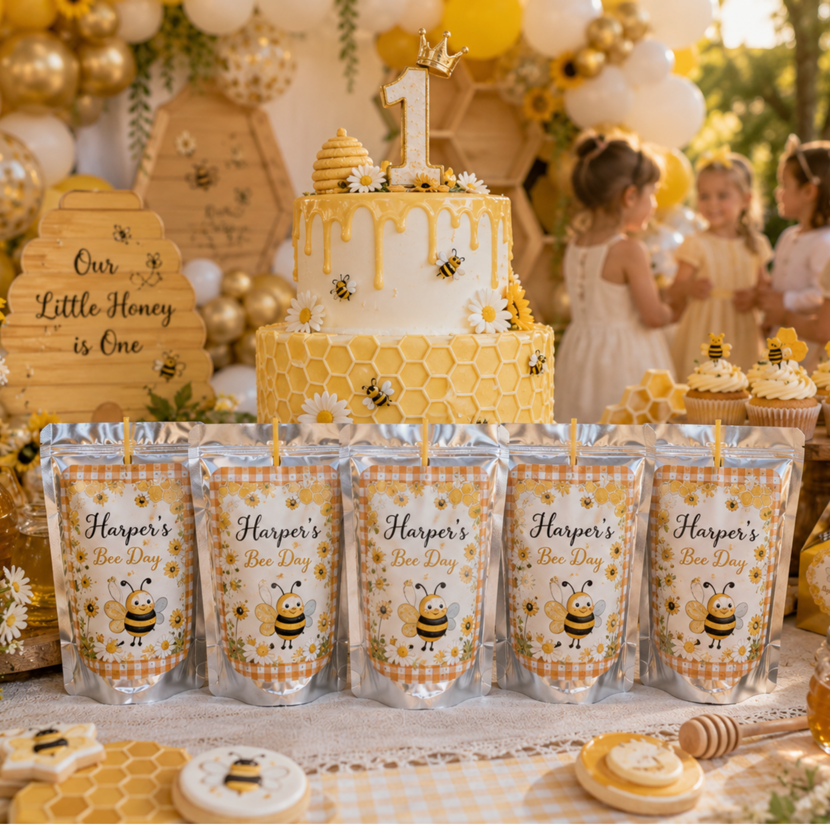 Personalized bee themed first birthday juice pouch labels featuring honeycomb details daisies bumblebees and custom Bee Day birthday party favors.