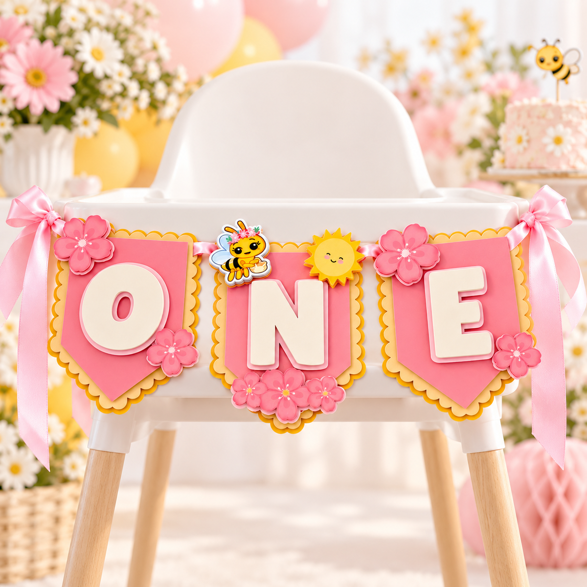 Bee first birthday high chair banner displayed on a simple white high chair with pink floral ONE panels and soft yellow accents.