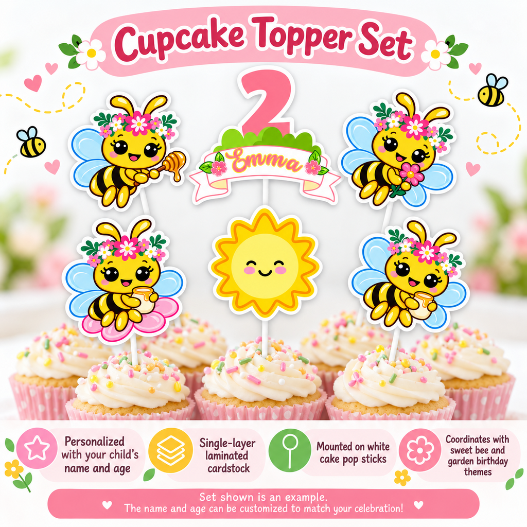 Bee garden cupcake topper product details showing personalized name and age, single layer laminated cardstock and white cake pop sticks for birthday parties.
