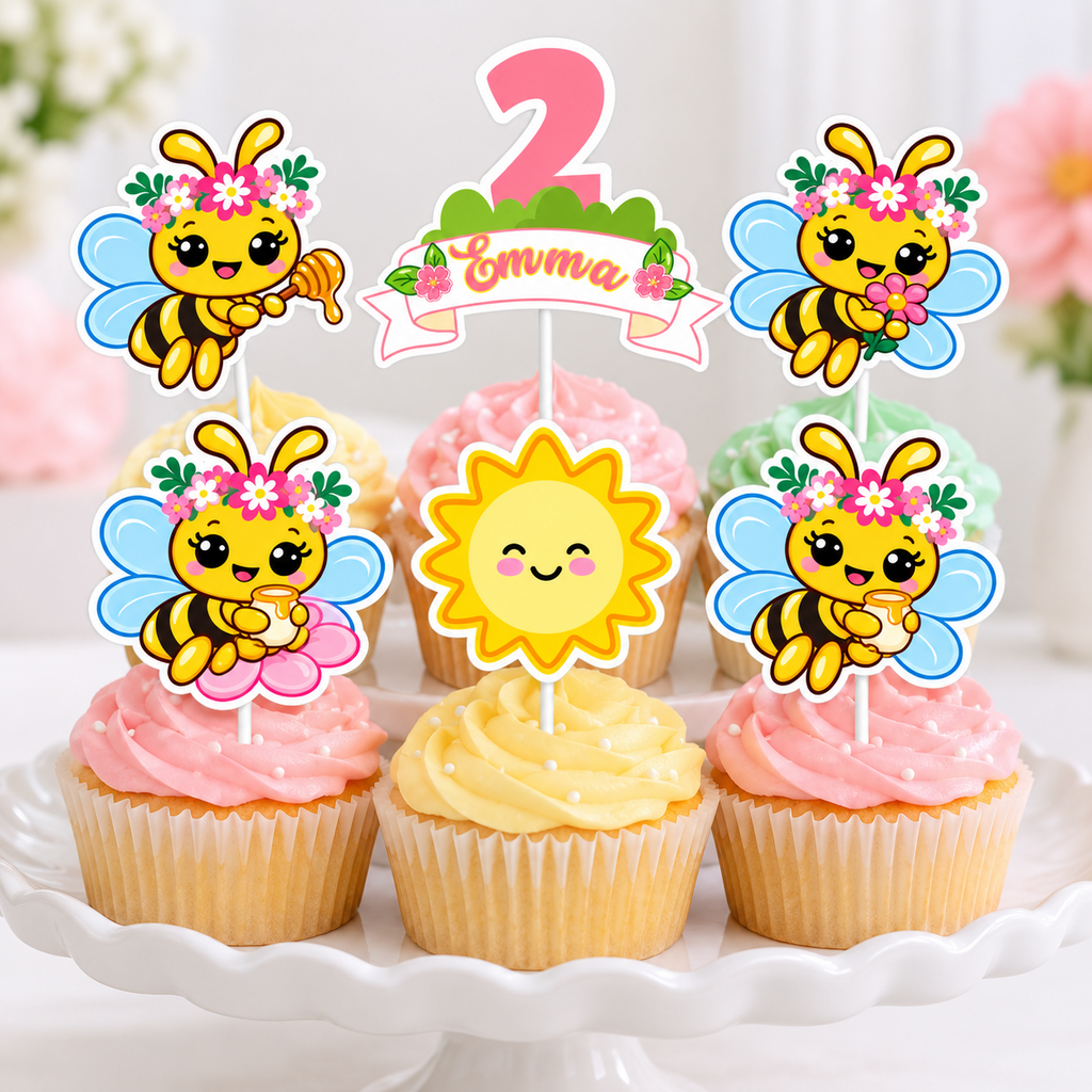 Personalized bee cupcake topper set for a garden birthday featuring Emma age two, smiling sun and floral honey bee toppers on pastel cupcakes.