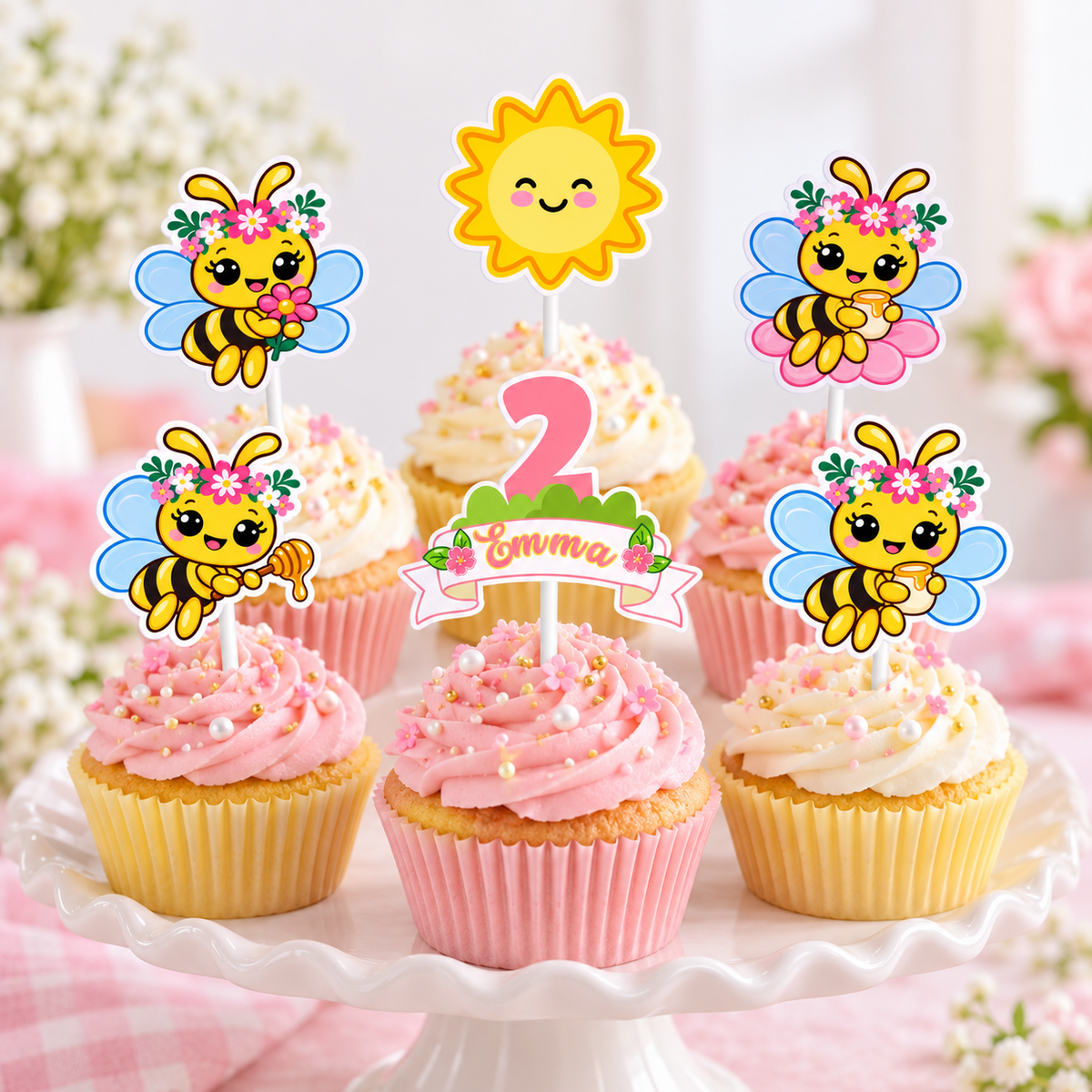Bee garden birthday cupcake toppers displayed on pink and yellow cupcakes with personalized Emma age two topper, smiling sun and floral bee characters.