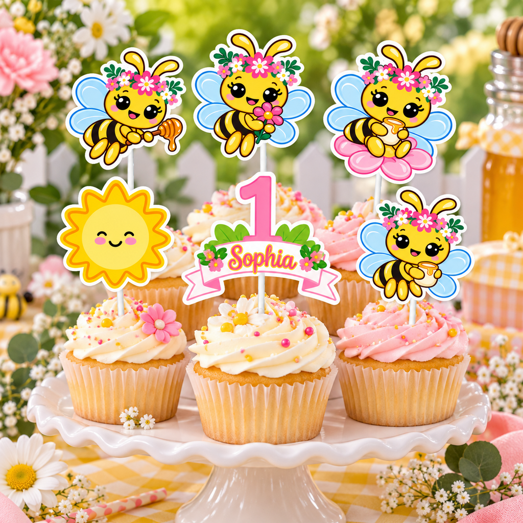 Sweet One bee cupcake toppers with personalized Sophia age one topper, floral honey bees and smiling sun arranged on cupcakes for a first birthday dessert table.