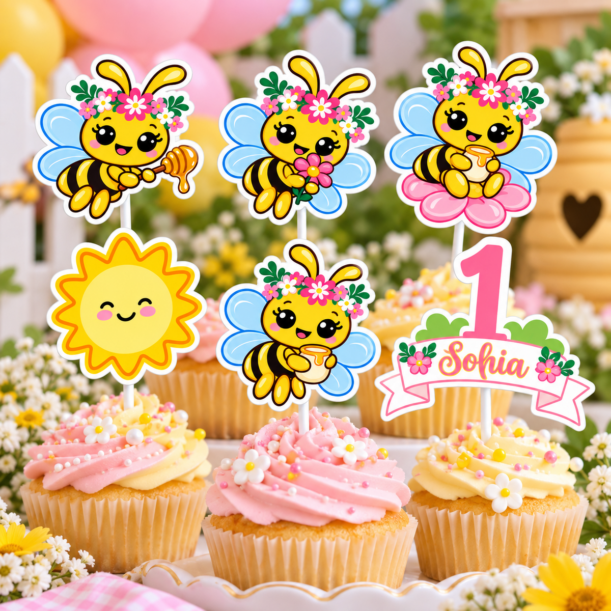 Bee garden birthday cupcake toppers with personalized Sophia age one topper, smiling sun and floral bee characters displayed on cupcakes in a garden party setting.