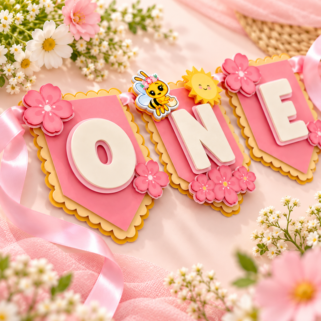 Flat lay of a pink Sweet One bee high chair banner with layered cardstock ONE panels, flowers, bee details, and pink ribbon.