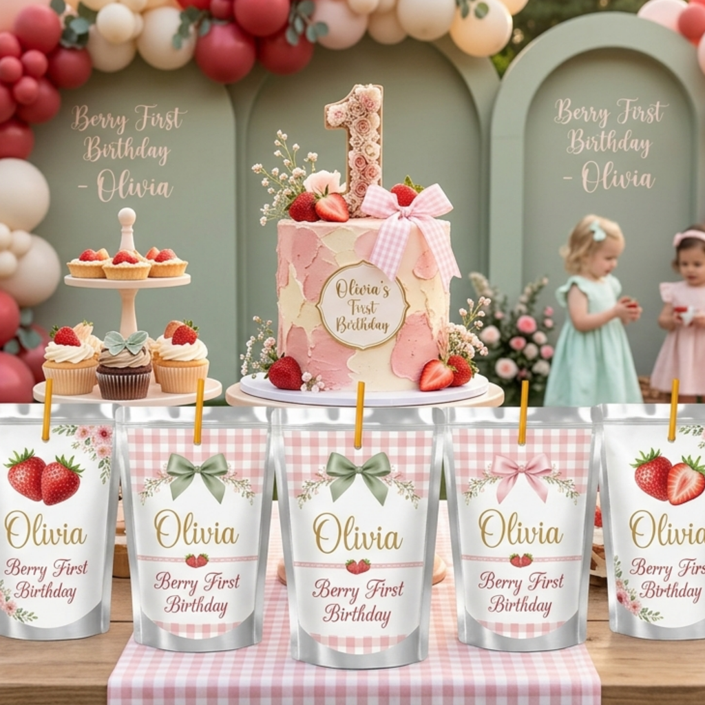 Personalized Berry First birthday juice pouch labels featuring strawberry themed first birthday party favors with pink gingham details and custom name design.