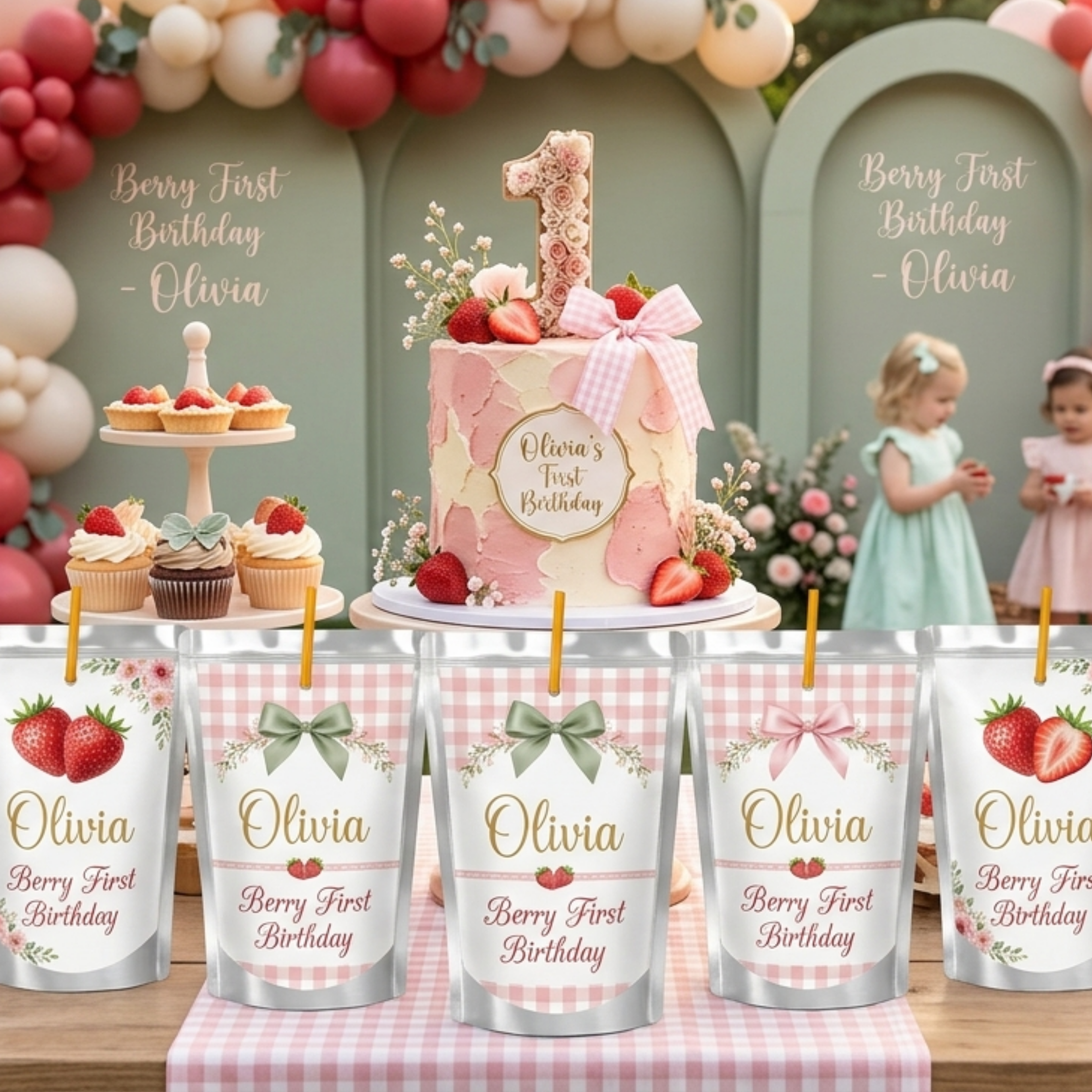 Personalized Berry First birthday juice pouch labels featuring strawberry themed first birthday party favors with pink gingham details and custom name design.