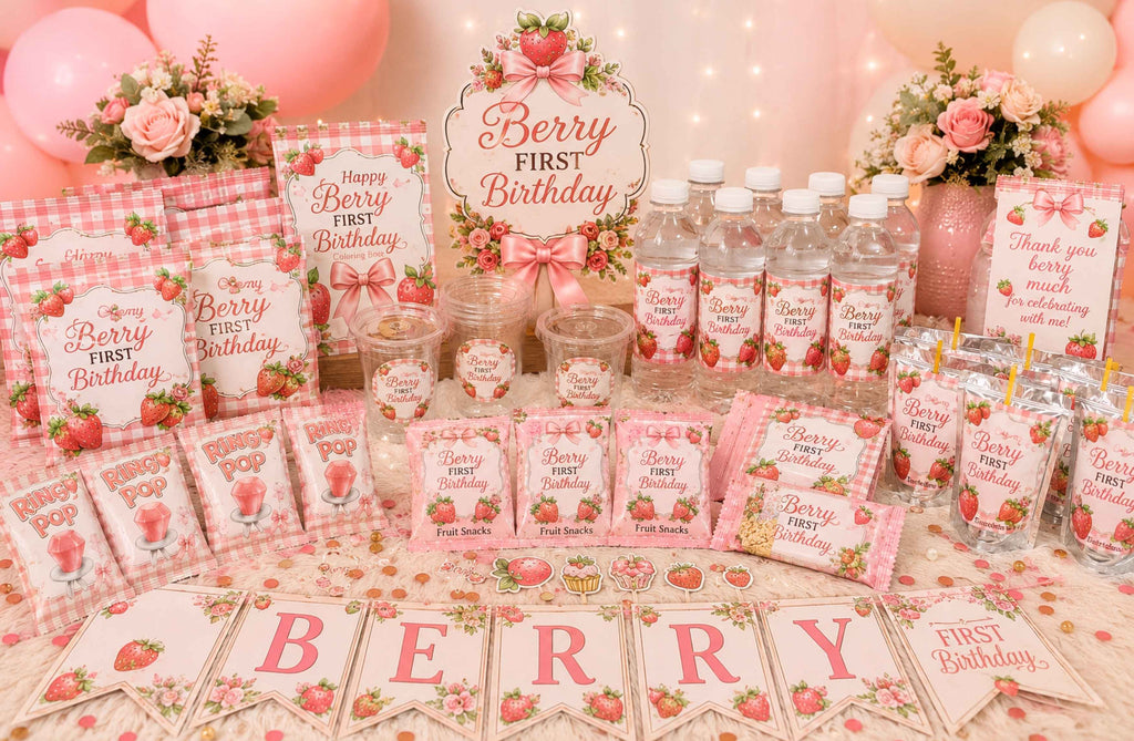 Custom berry first birthday party favor bundle featuring personalized strawberry themed chip bags, water bottle labels, juice pouch labels, fruit snack wrappers, rice krispie treat wrappers, ring pop wrappers, birthday banner, custom cake topper, cupcake toppers, coloring books, stickers, pink strawberry birthday decorations, berry first birthday party supplies, and first birthday party favors for girls