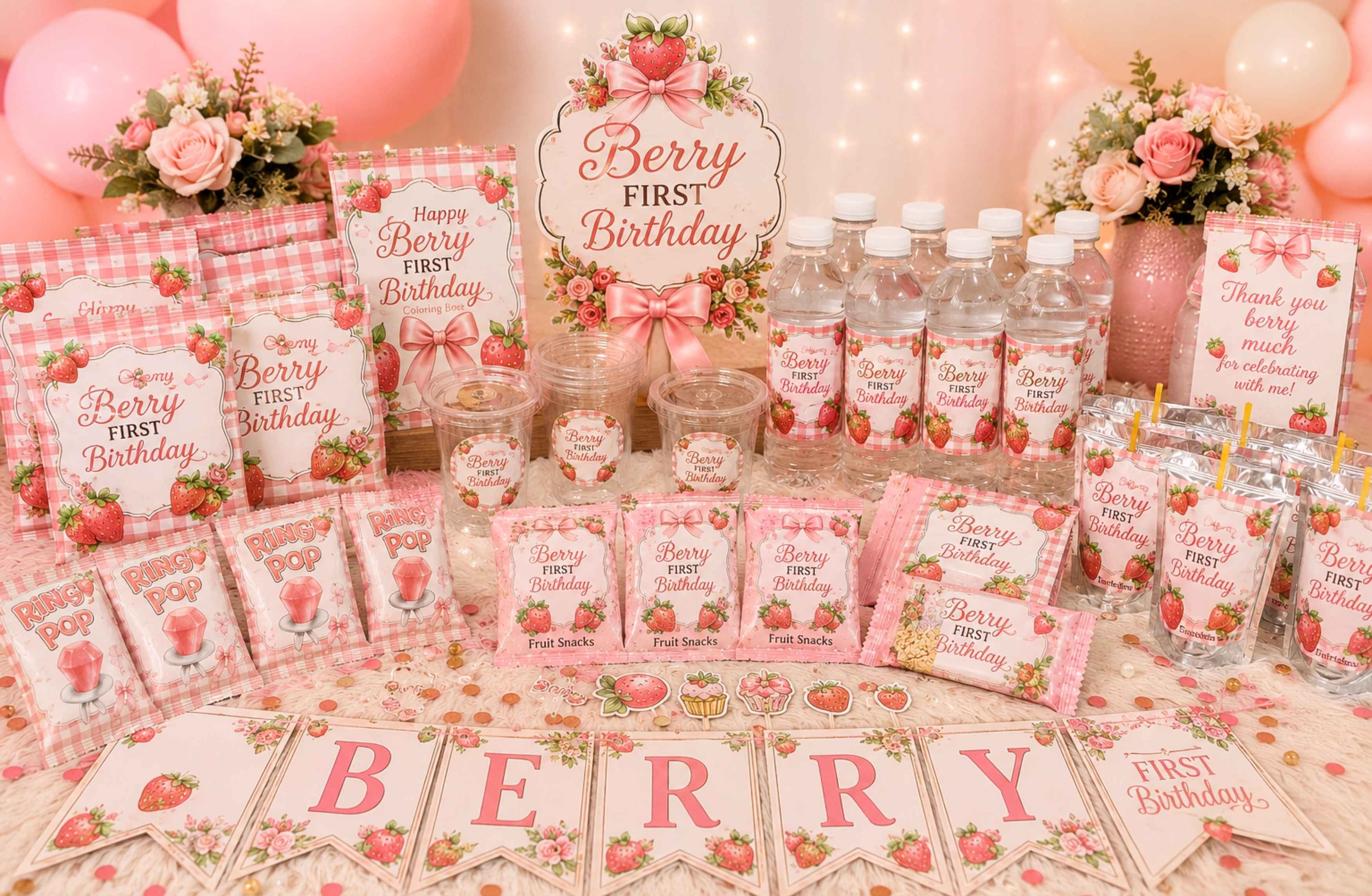 Custom berry first birthday party favor bundle featuring personalized strawberry themed chip bags, water bottle labels, juice pouch labels, fruit snack wrappers, rice krispie treat wrappers, ring pop wrappers, birthday banner, custom cake topper, cupcake toppers, coloring books, stickers, pink strawberry birthday decorations, berry first birthday party supplies, and first birthday party favors for girls