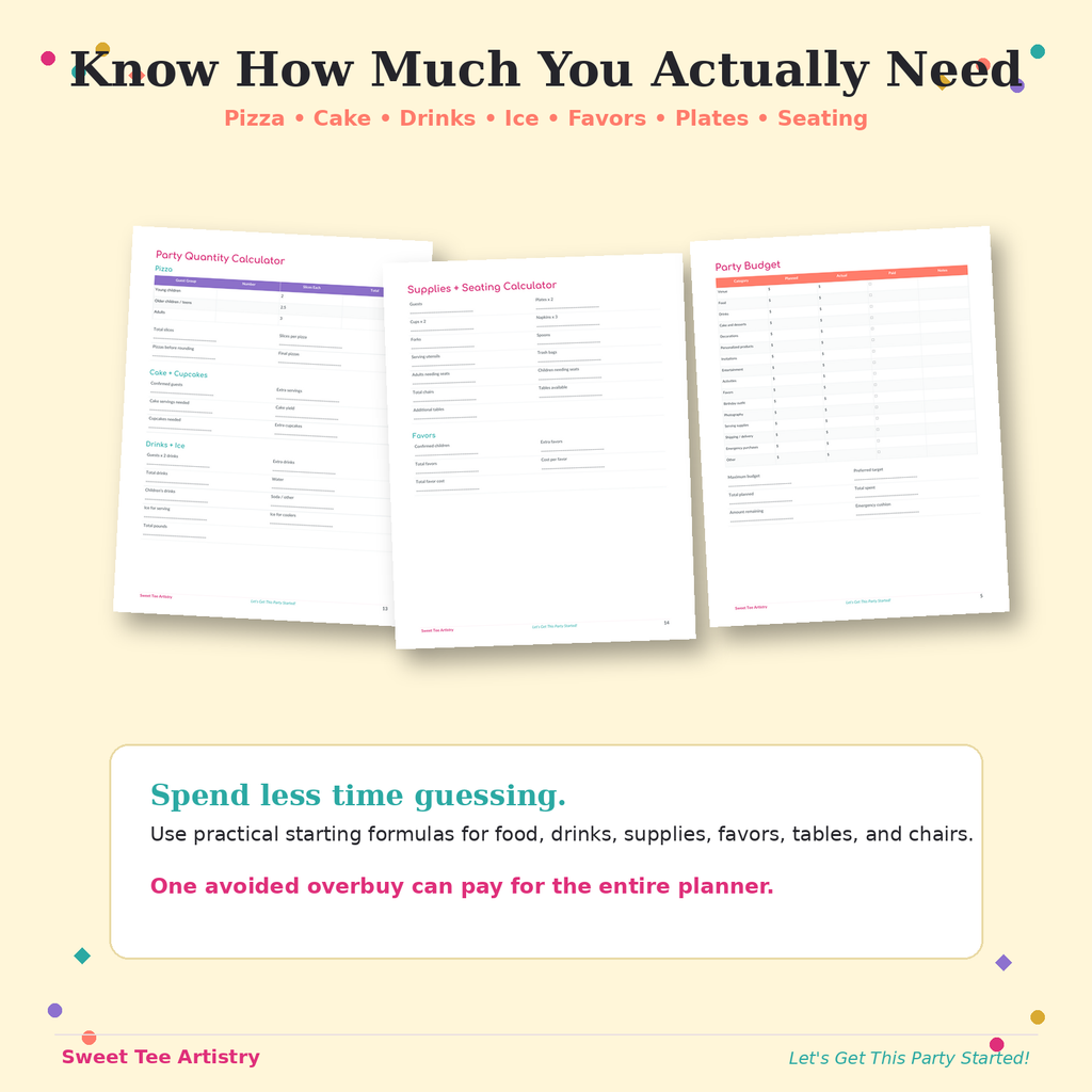 Take the guesswork out of party planning with practical tools for estimating pizza, cake, drinks, ice, favors, disposable supplies, tables, chairs, and your overall party budget.
