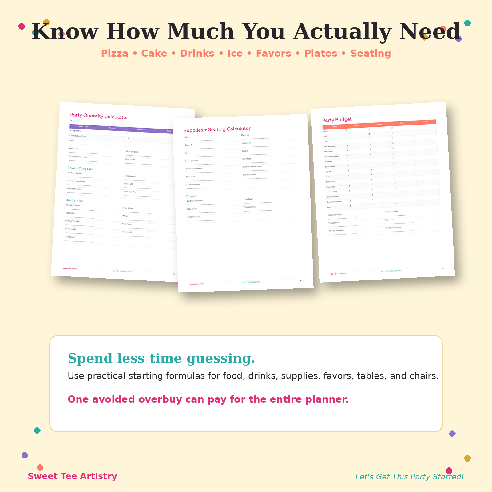Take the guesswork out of party planning with practical tools for estimating pizza, cake, drinks, ice, favors, disposable supplies, tables, chairs, and your overall party budget.