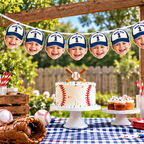 Personalized Draft Pick 1 baseball photo banner in blue displayed outdoors above a baseball birthday dessert table with cake cupcakes and baseball decorations