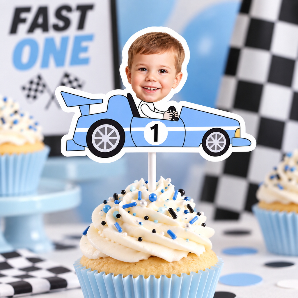 Blue Fast One personalized photo cupcake topper featuring a child in a race car with age one for a first birthday racing theme