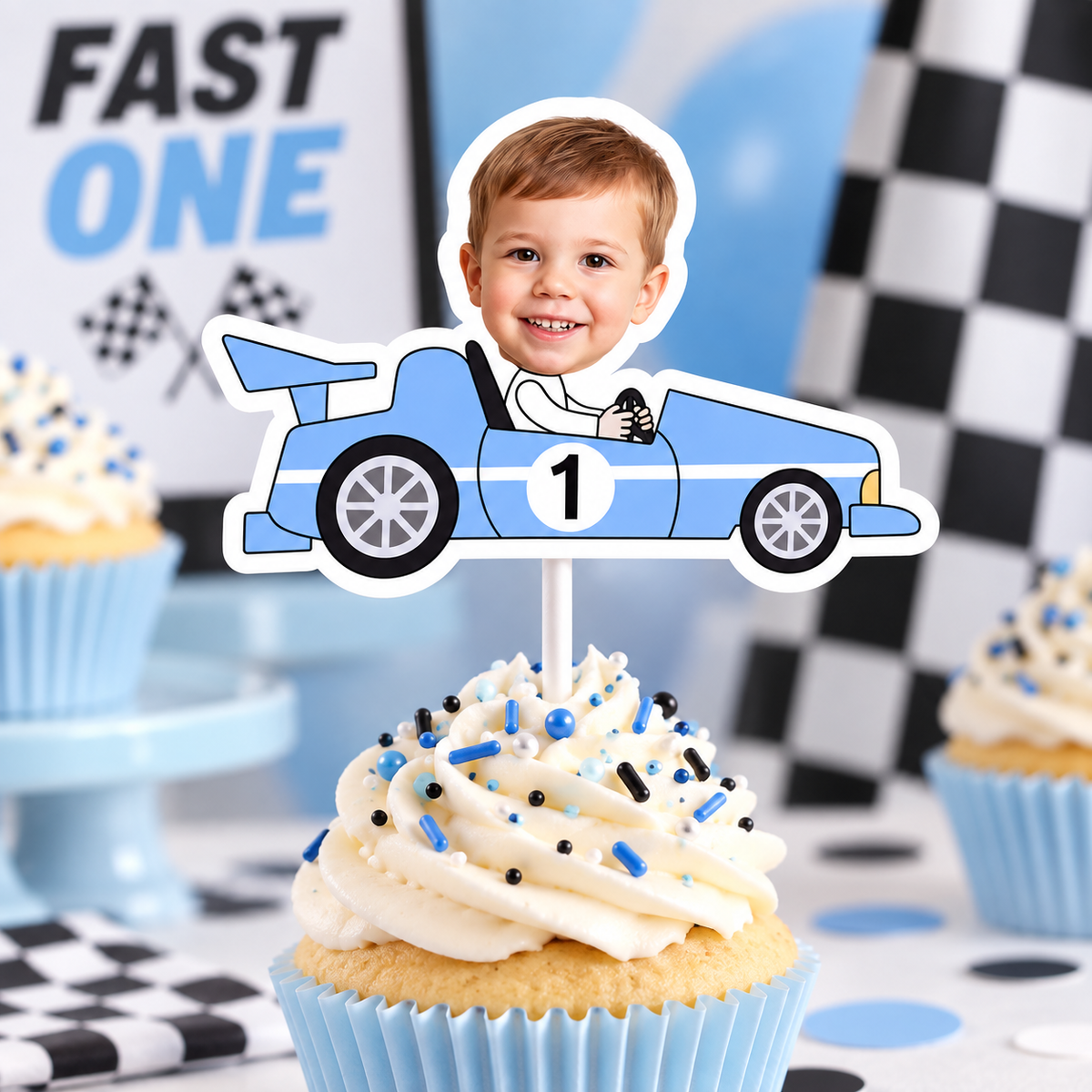 Blue Fast One personalized photo cupcake topper featuring a child in a race car with age one for a first birthday racing theme