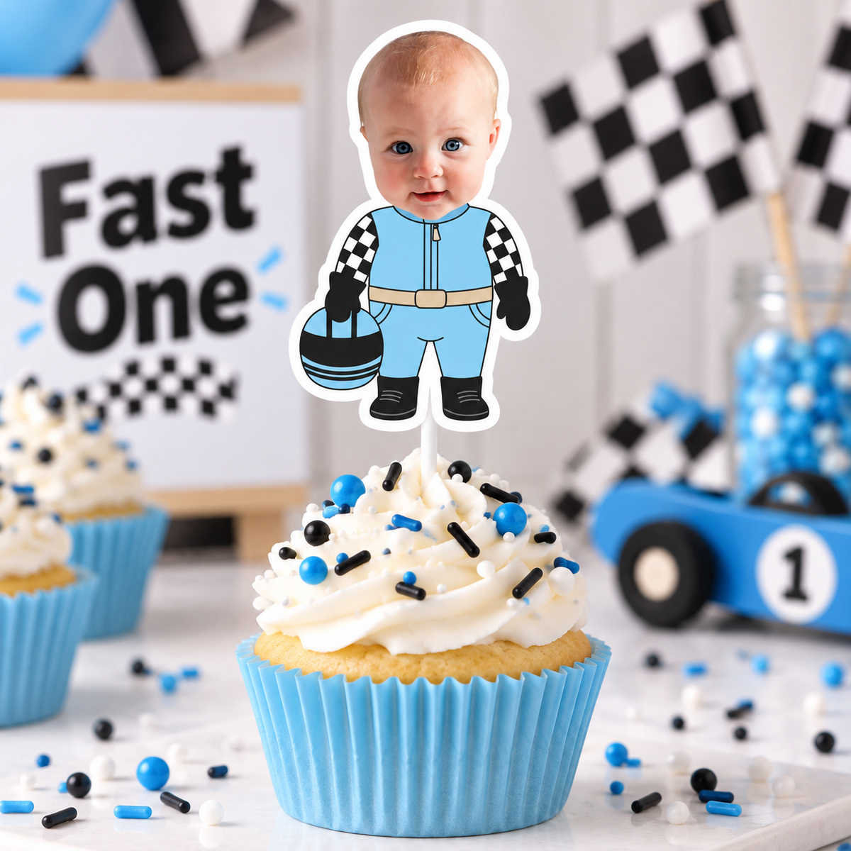Blue Fast One personalized race car driver photo cupcake topper featuring a child face for a first birthday racing party