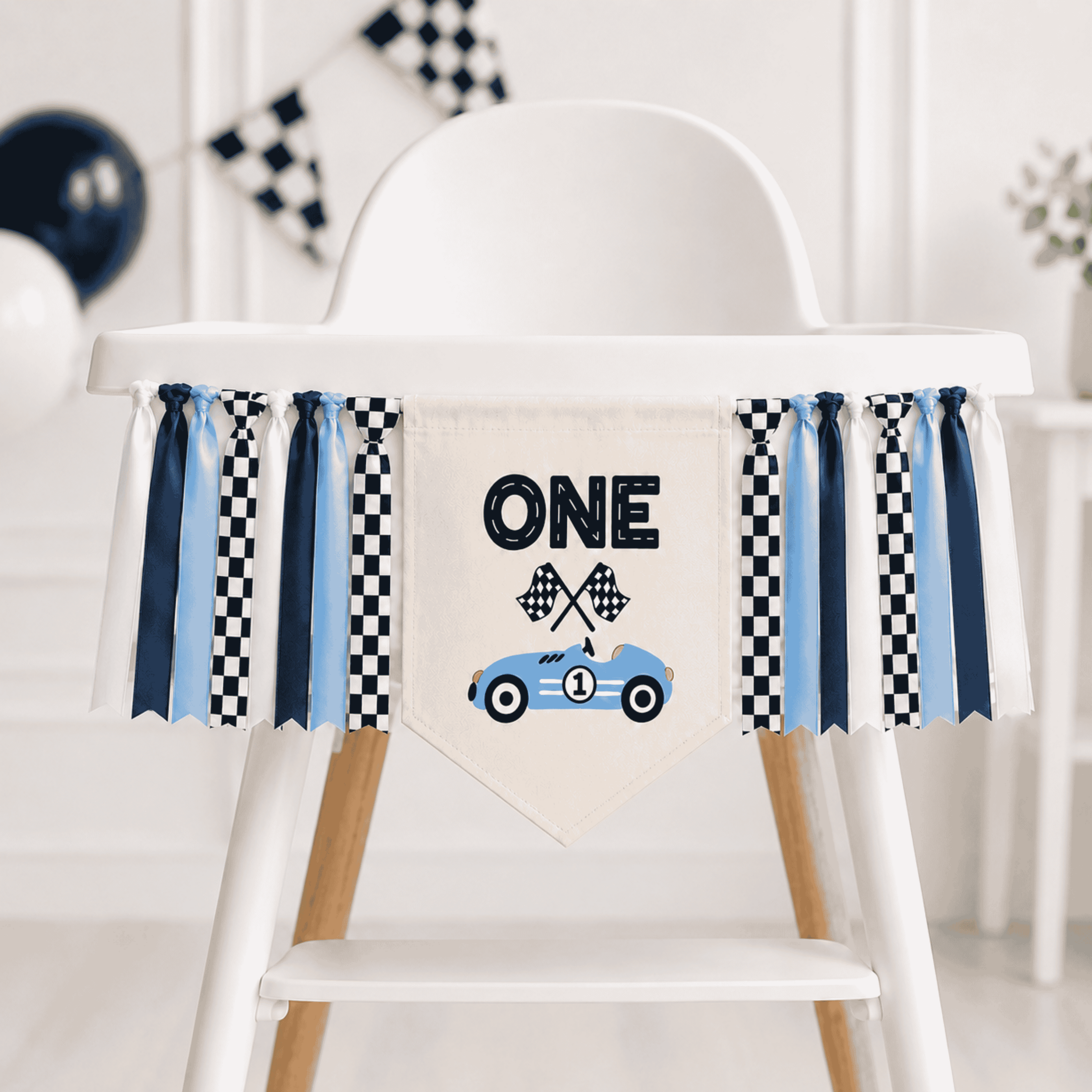 Blue Raceway personalized highchair banner with race car design and checkered ribbon garland for Fast One, Formula WON, race car birthday, boy first birthday, cake smash, and racing party decorations.