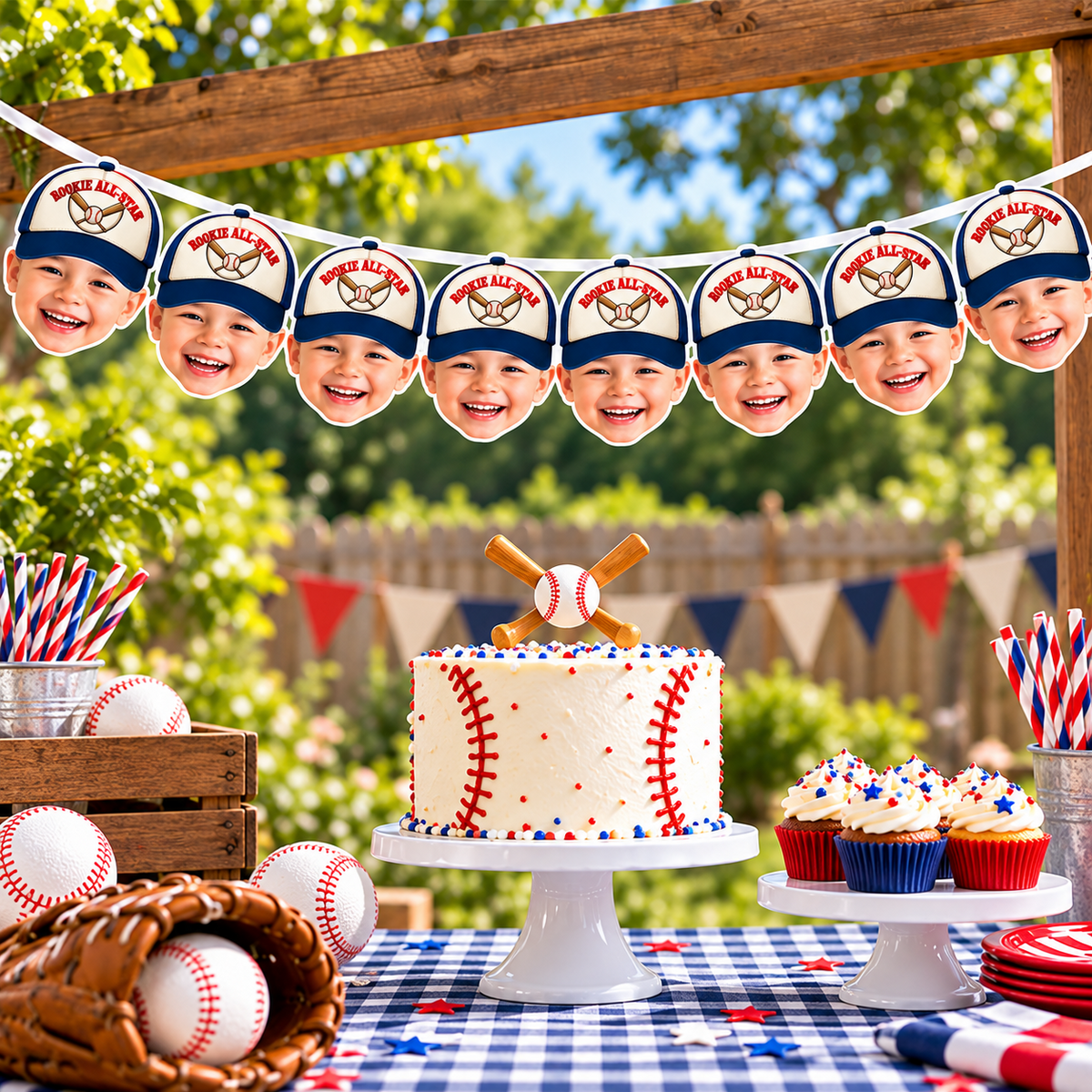 Personalized Rookie All Star baseball photo banner in blue displayed above an outdoor baseball birthday dessert table