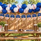 Blue Rookie of the Year personalized photo banner displayed at an outdoor baseball birthday party with blue white balloons and baseball decorations
