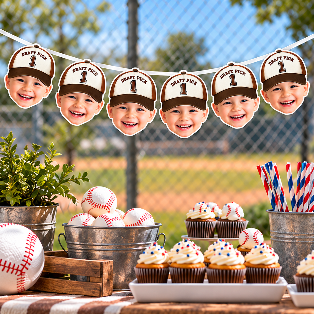 A baseball-themed party decoration garland featuring repeated die-cut faces of a smiling boy wearing a brown and white baseball cap with the words “DRAFT PICK” and a large number 1. The garland is strung across a table set with cupcakes, baseballs, metal buckets, and red, white, and blue striped straws, with a blurred outdoor field and chain-link fence in the background.