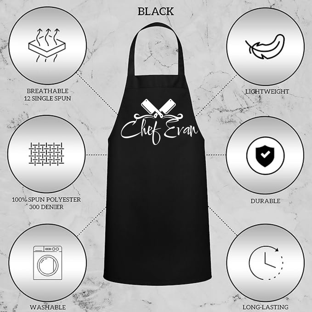 Black apron with 'Chef Evan' text on a gray background with feature icons.