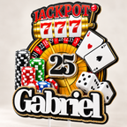 Angled view of a personalized casino birthday cake topper with custom name and age, jackpot slot machine, roulette, poker chips, cards and dice in black red and gold.