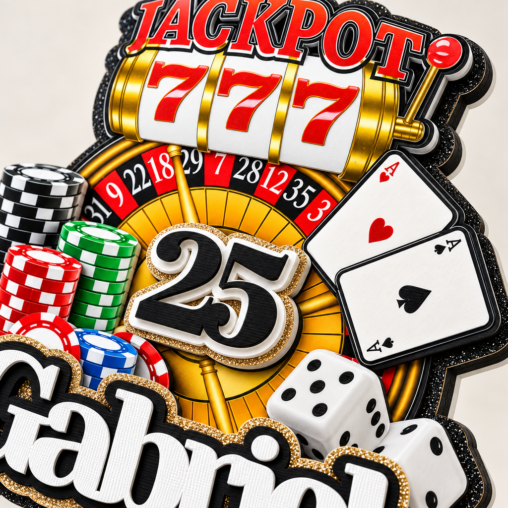 Closeup of a personalized casino birthday cake topper with age 25, jackpot slot machine, roulette wheel, poker chips, playing cards, dice and layered cardstock details.