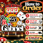 How to order a personalized casino birthday cake topper with custom name and age, layered laminated cardstock, black glitter background and party ready assembly.