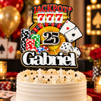 Personalized casino birthday cake topper displayed on a white cake with jackpot slot machine, roulette wheel, poker chips, cards, dice, custom Gabriel name and age 25.