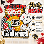 Personalized casino birthday cake topper shown party ready with jackpot slot machine, roulette wheel, poker chips, playing cards, dice and custom name and age.