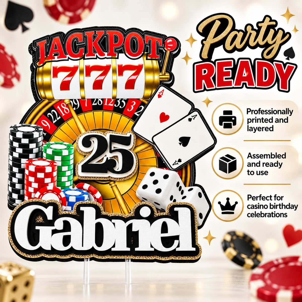 Personalized casino birthday cake topper shown party ready with jackpot slot machine, roulette wheel, poker chips, playing cards, dice and custom name and age.