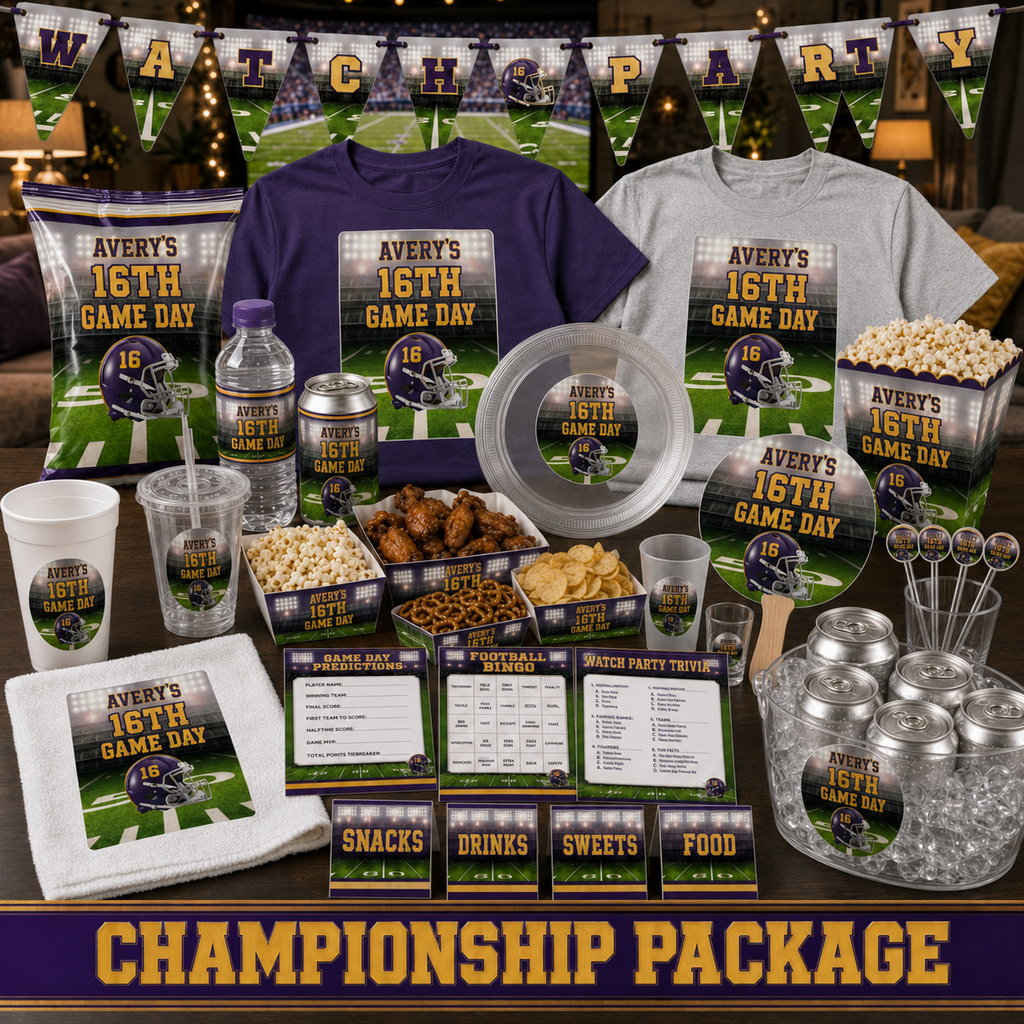 Purple and gold Championship football birthday party for Avery 16th Game Day with personalized shirts, rally towel, favors, cups, plates, banner, ice bucket and games.