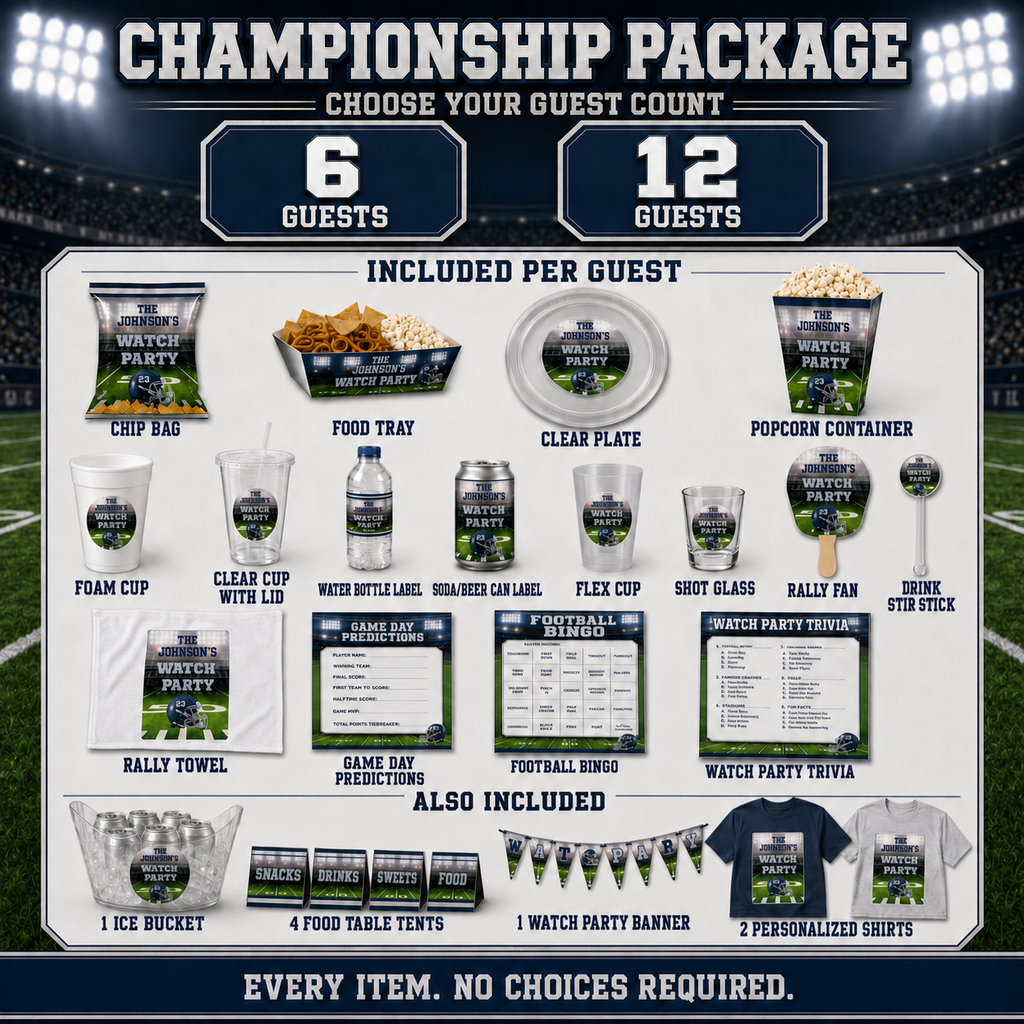 All inclusive Championship football party package for 6 or 12 guests with custom favors, four cup styles, both drink labels, football games, rally towel, banner, ice bucket and two shirts.