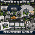 Championship football party package display with two personalized shirts, rally towel, chip bag, snack tray, cups, plate, banner, rally fan, stir sticks, ice bucket and games.