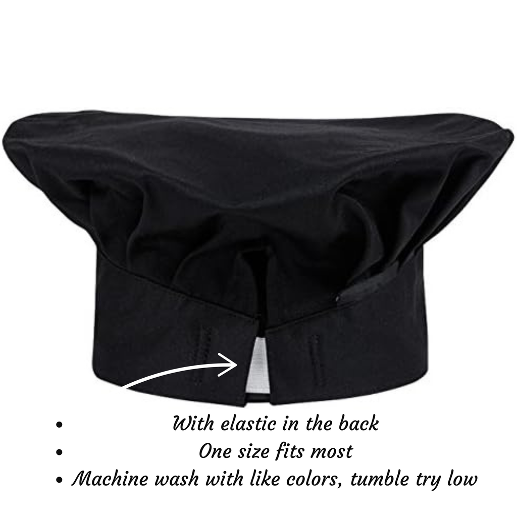 Black chef's hat with text on a white background