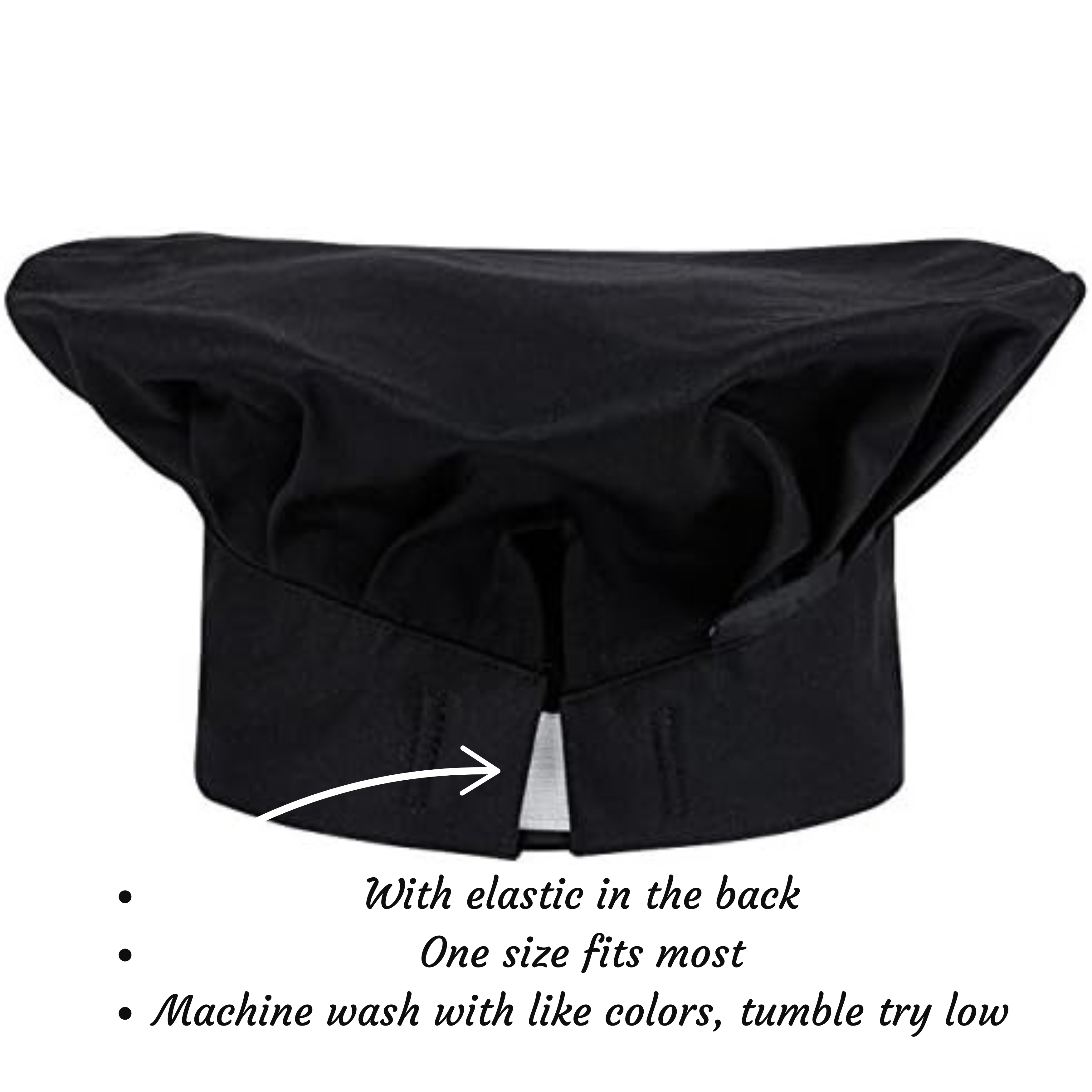Black chef's hat with text on a white background