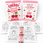 Personalized Cherry Sweet ONE birthday coloring book party favor set with custom cherry-themed covers, personalized coloring pages, coordinated 4-pack crayons, and keepsake-quality construction.