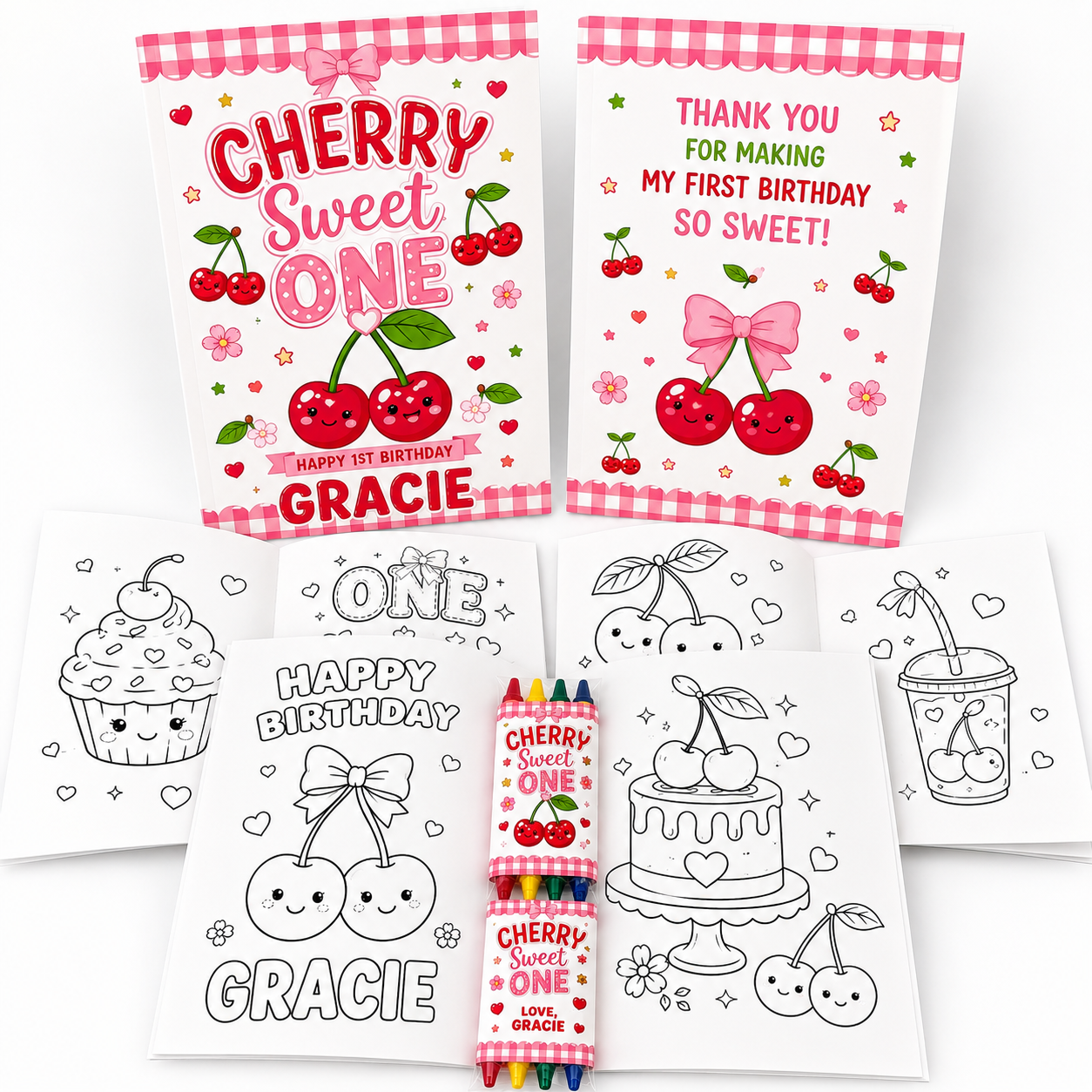 Personalized Cherry Sweet ONE birthday coloring book party favor set with custom cherry-themed covers, personalized coloring pages, coordinated 4-pack crayons, and keepsake-quality construction.