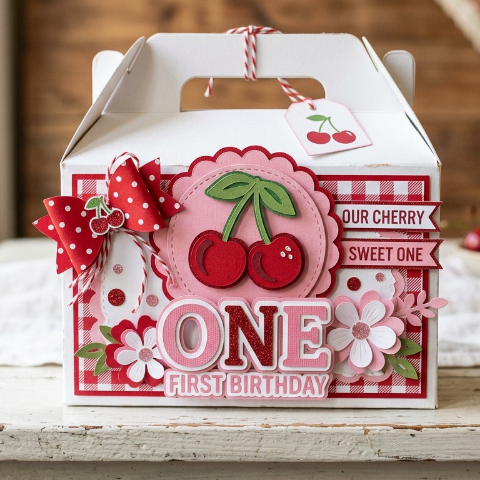 Handmade Cherry Sweet One first birthday party favor box featuring layered cardstock cherries, raised 3D paper details, custom name personalization, and premium handmade birthday party favor packaging.