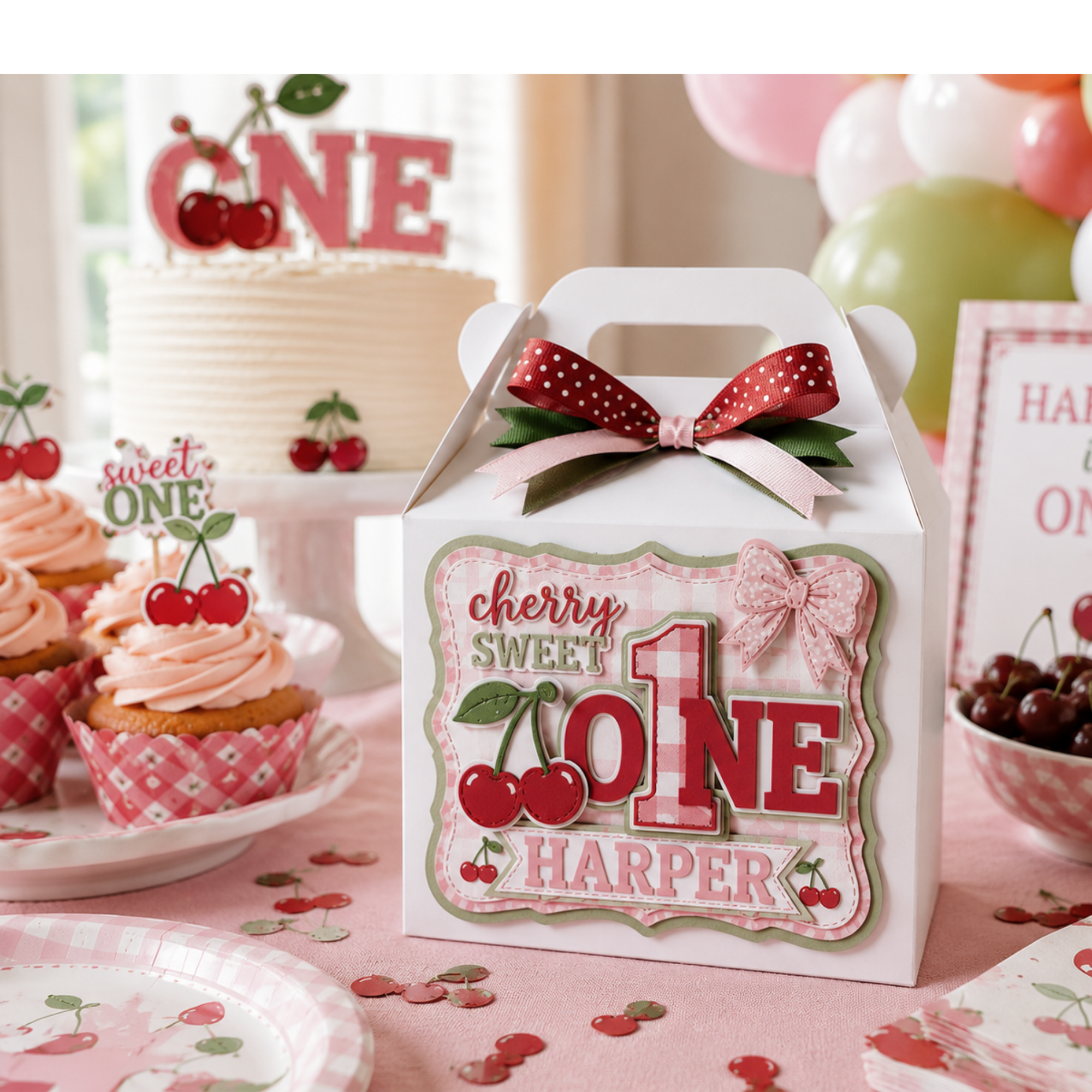 Cherry Sweet One first birthday party setup featuring personalized handmade favor box, layered cardstock cherry decorations, birthday cake, cupcakes, balloons, and coordinated girls first birthday celebration decor.