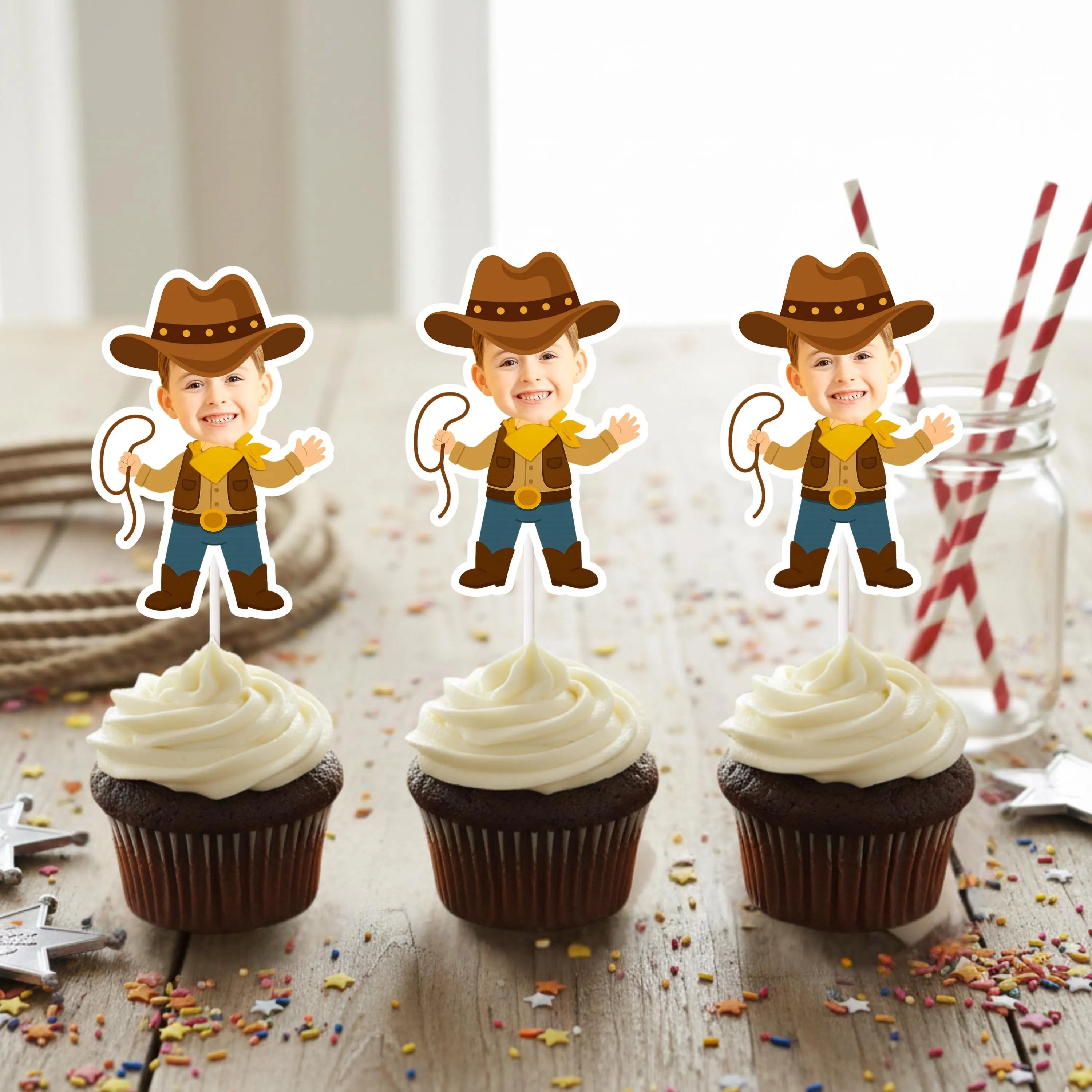Three cupcakes with white frosting and cowboy-themed toppers on a wooden surface.