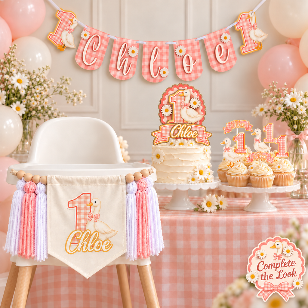 One Silly Goose first birthday party setup featuring a personalized Chloe banner, matching high chair banner, goose birthday cake topper, and coordinating cupcake toppers in pink gingham with daisies and soft gold accents.