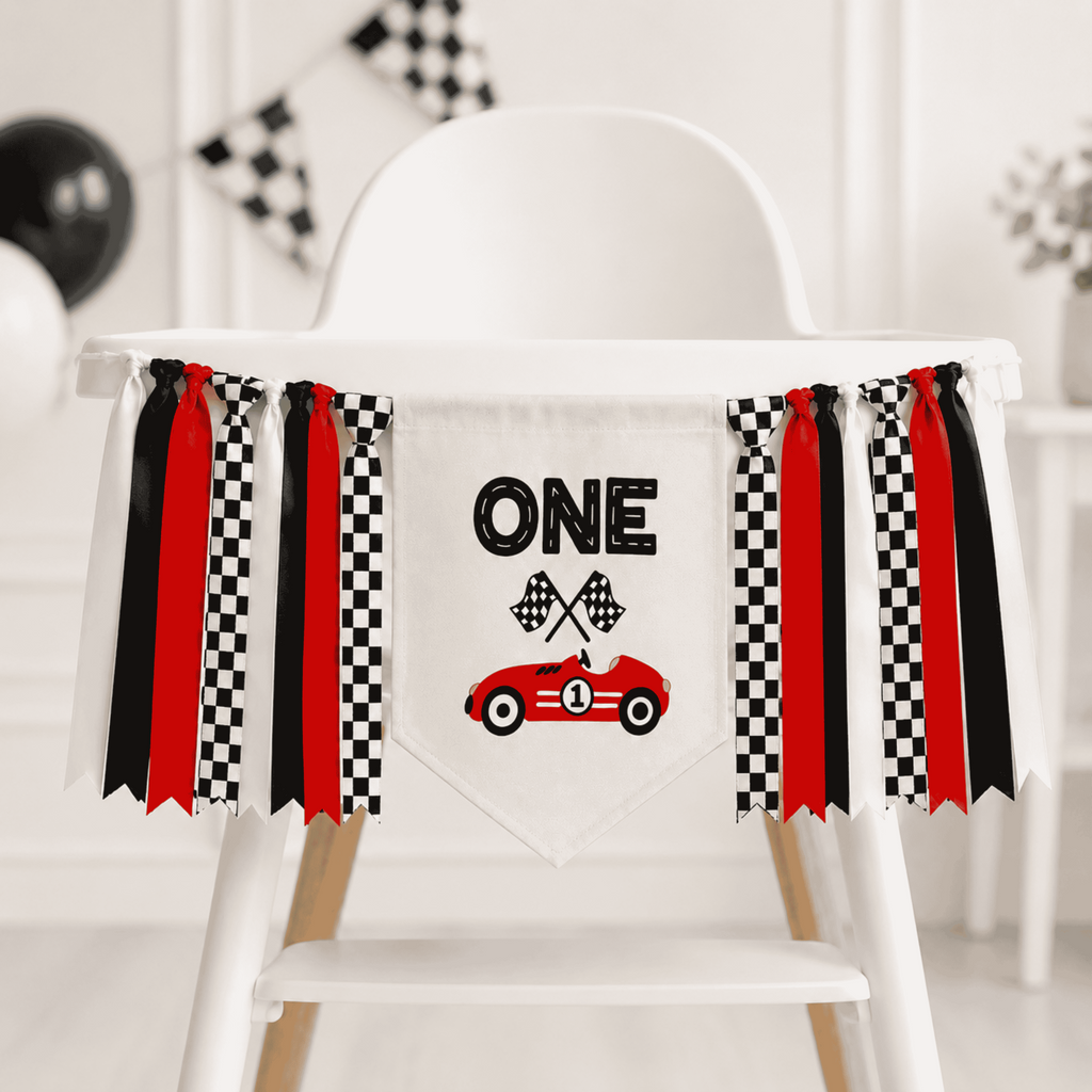 Classic Red personalized race car highchair banner featuring checkered flag ribbons for a Fast One, Formula WON, vintage race car, speedway, Grand Prix, and race themed first birthday cake smash celebration.