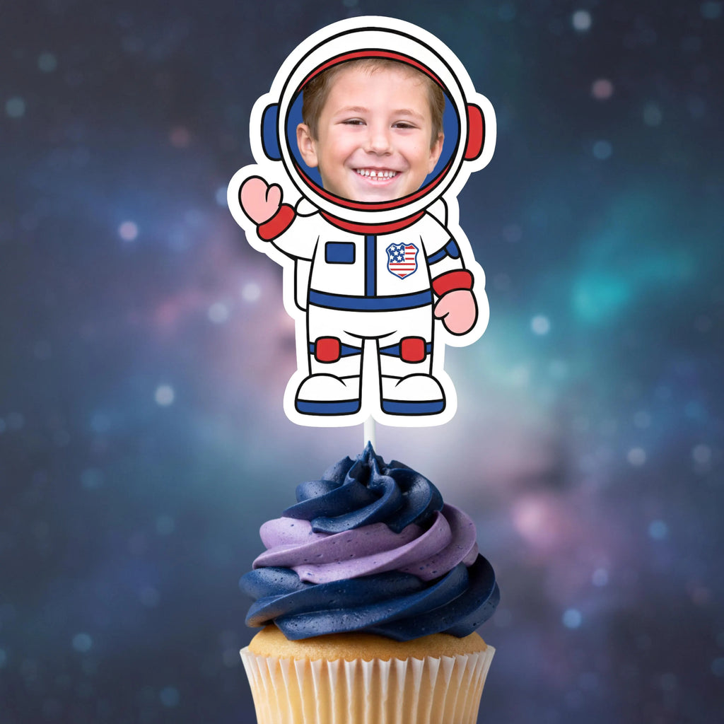 Cupcake with an astronaut-themed topper against a space-themed background