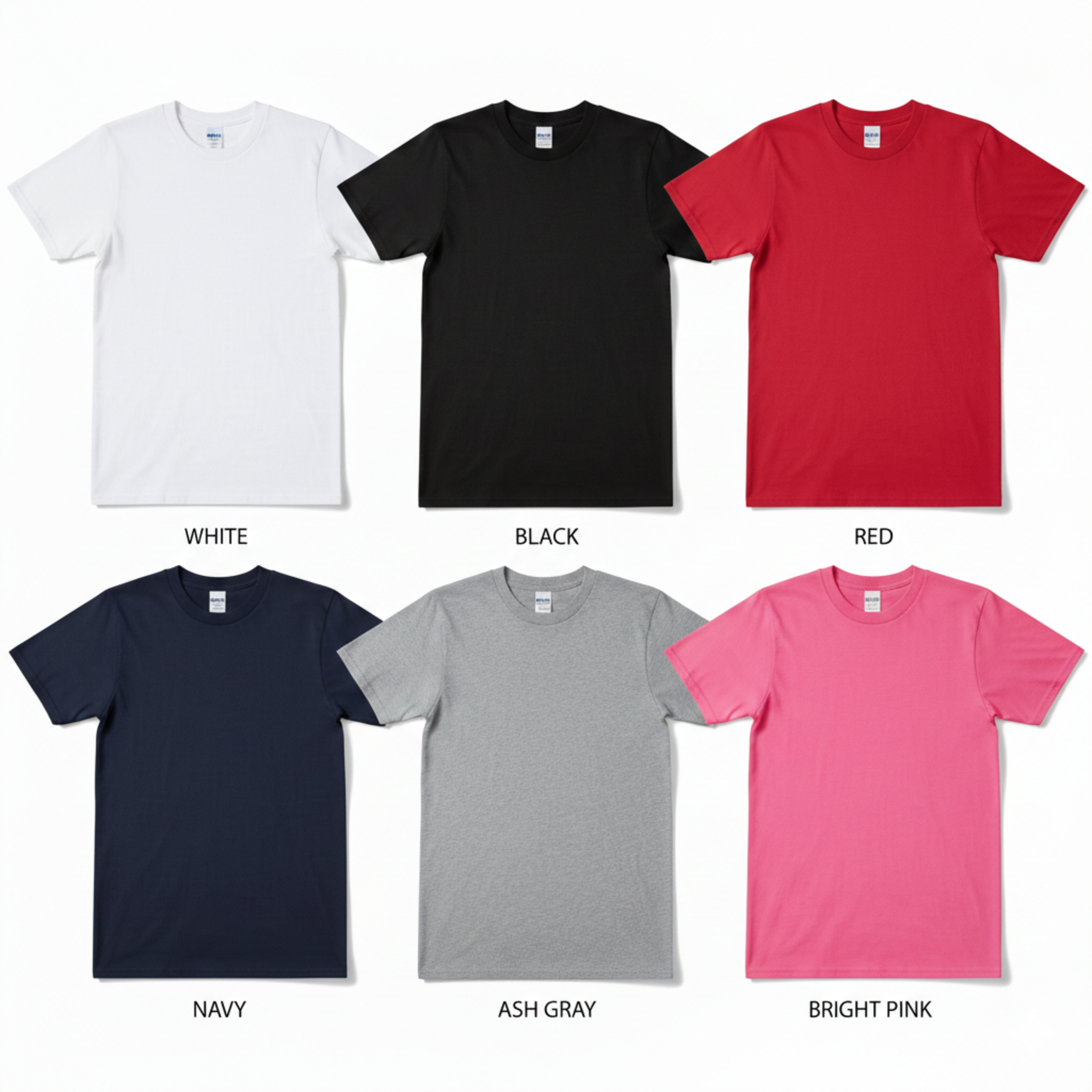 This custom shirt color chart displays available shades including white, black, red, navy, ash gray, and bright pink to help customers select the perfect base for their personalized design. Whether ordering birthday shirts, graduation tees, team apparel, or small business merchandise, choosing the right shirt color enhances the final printed look.