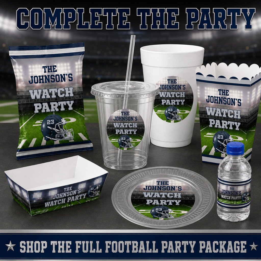 Coordinated football party package with clear lidded cup foam cup plate chip bag food tray popcorn box and water bottle