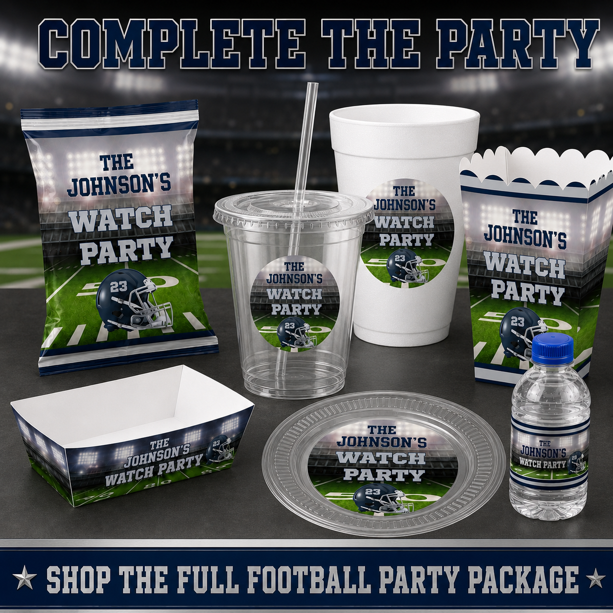 Coordinated football party package with clear lidded cup foam cup plate chip bag food tray popcorn box and water bottle