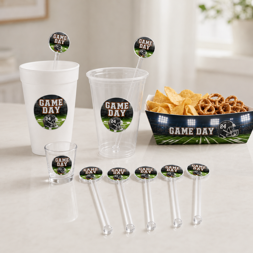 Personalized football drink stir sticks displayed with a matching flex cup foam cup shot glass and food tray.