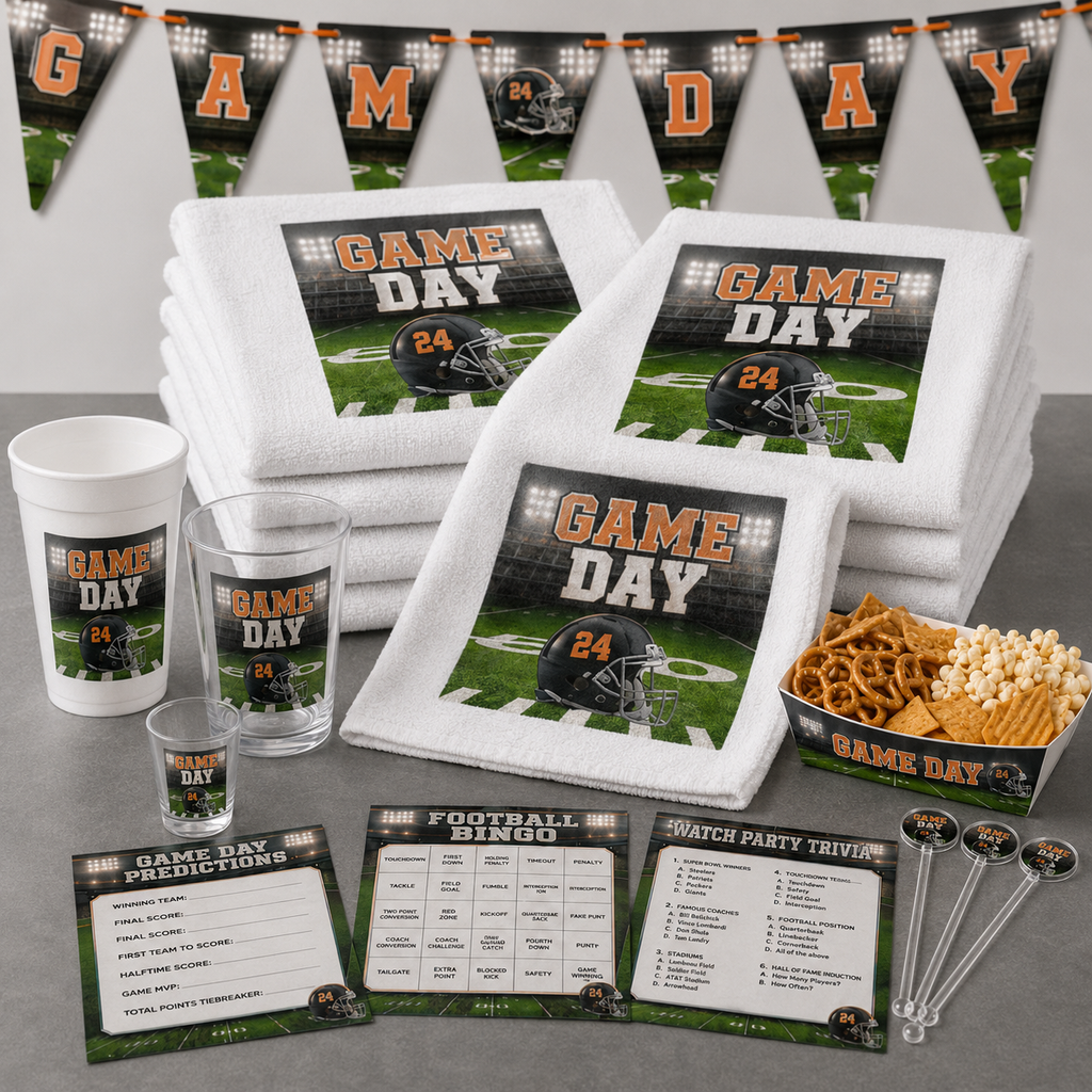 Personalized football rally towels displayed with matching banner cups game cards food tray and drink stir sticks.