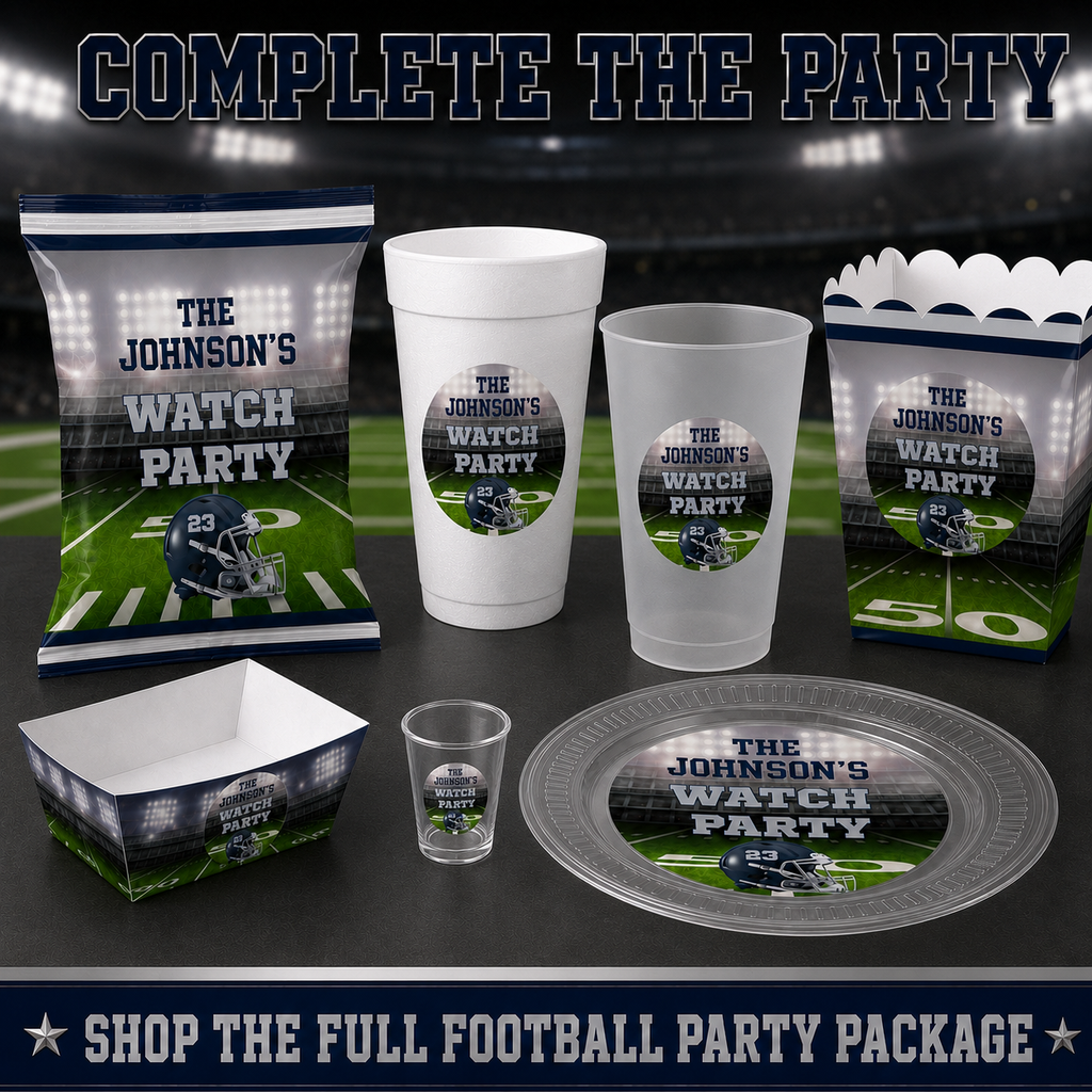Coordinated football party collection with plastic shot glass flex cup foam cup plate chip bag food tray and popcorn box