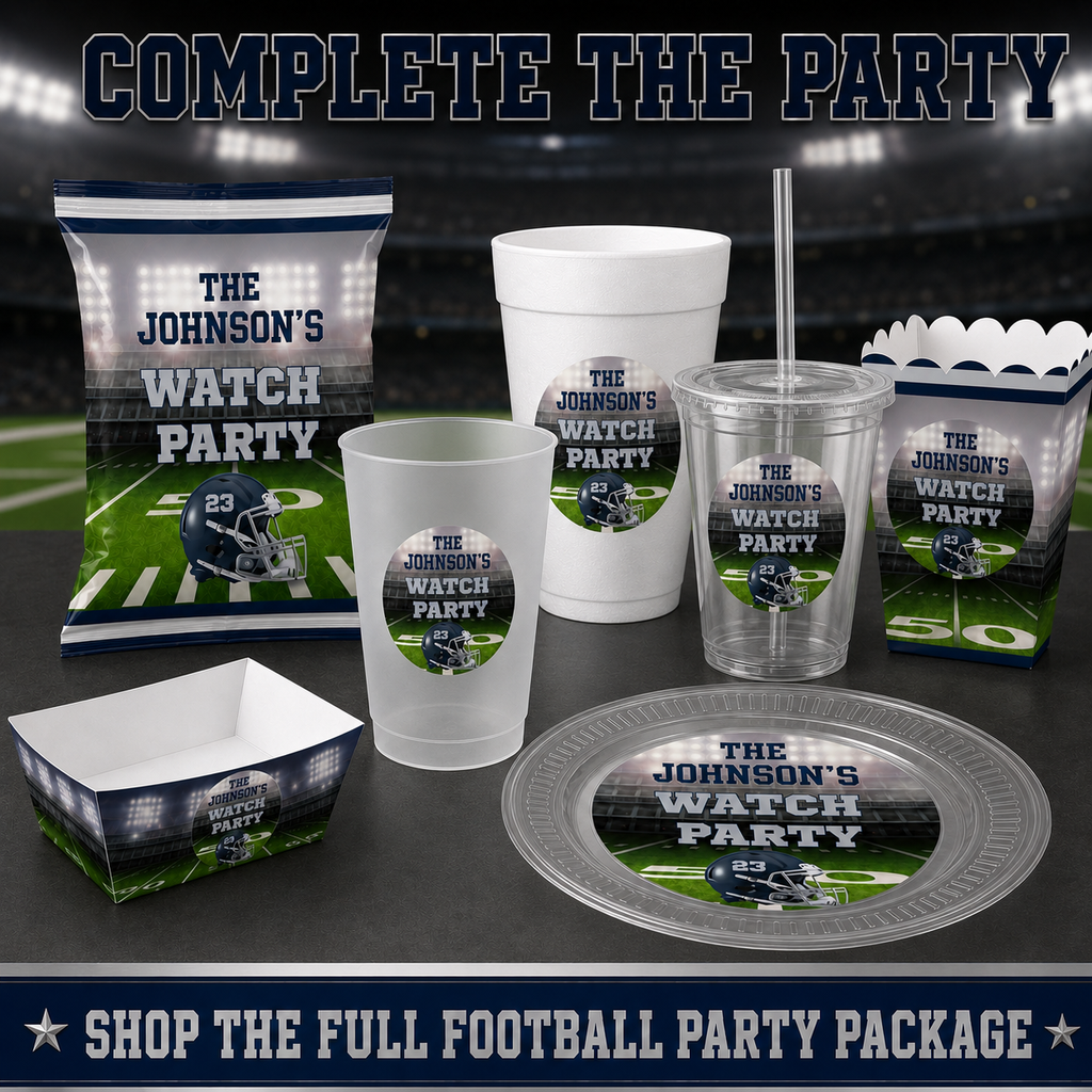 Coordinated football party collection with frosted flex cup clear lidded cup foam cup plate chip bag food tray and popcorn box
