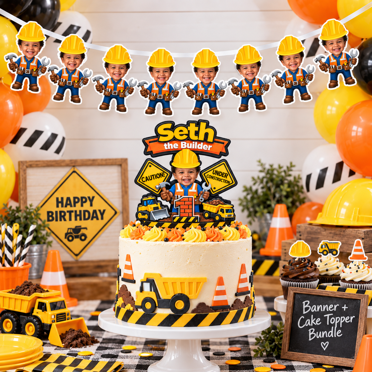 Construction birthday dessert table with personalized photo banner and matching layered construction cake topper